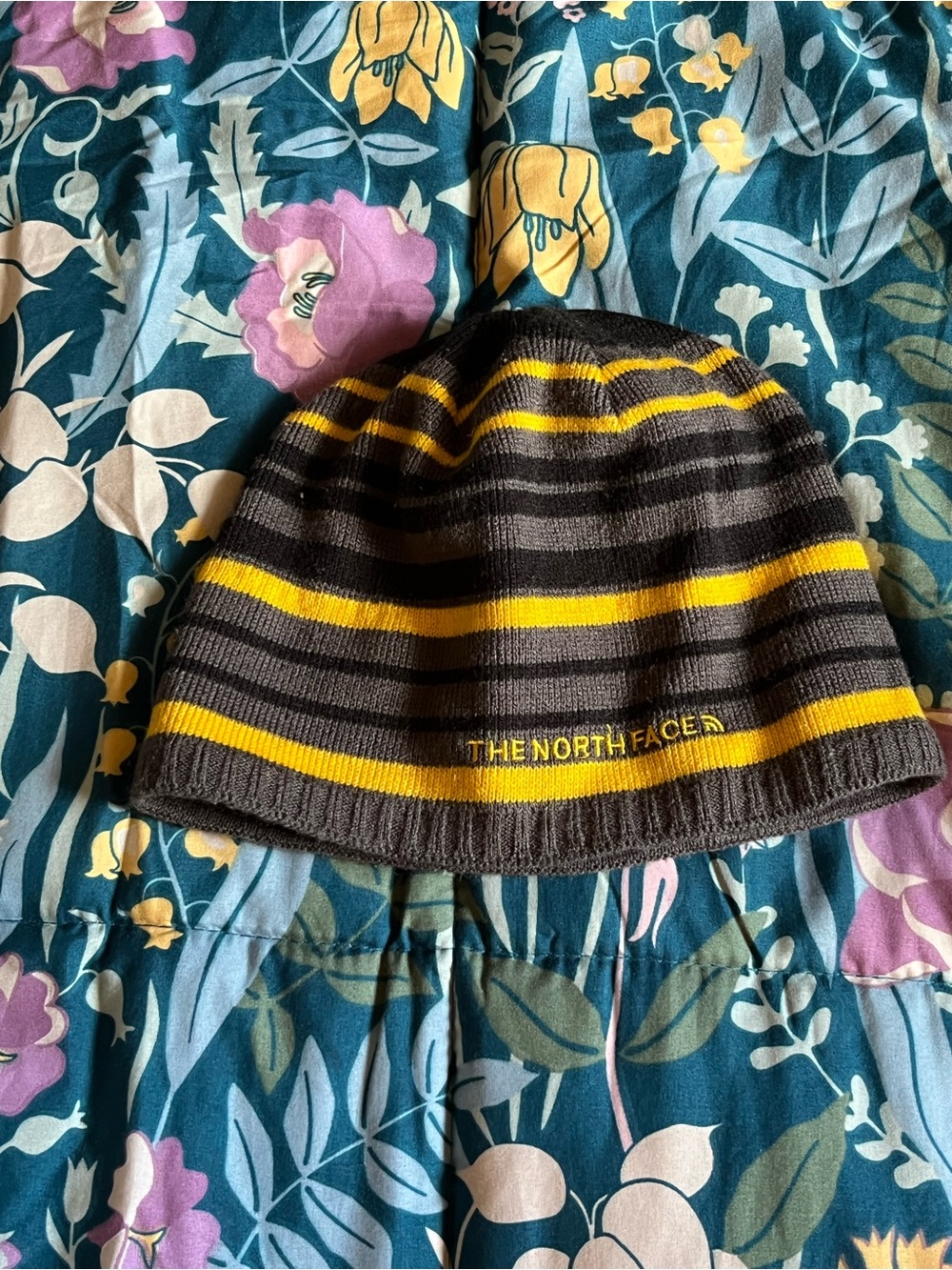 The North Face Kids Knit Beanie in Gray and Yellow Stripes Youth Size Medium